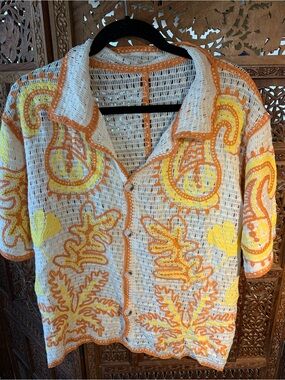 Crocheted Button-Up Cardigan in White with Orange & Yellow Floral Motif